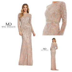 NWT Mac Dugall BEADED LONG SLEEVE EVENING GOWN in Mocha Style 124 Size 16